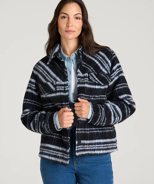Black and Gray Zyrelith Plaid Collared Button Front Long Sleeve Shacket Havenluve