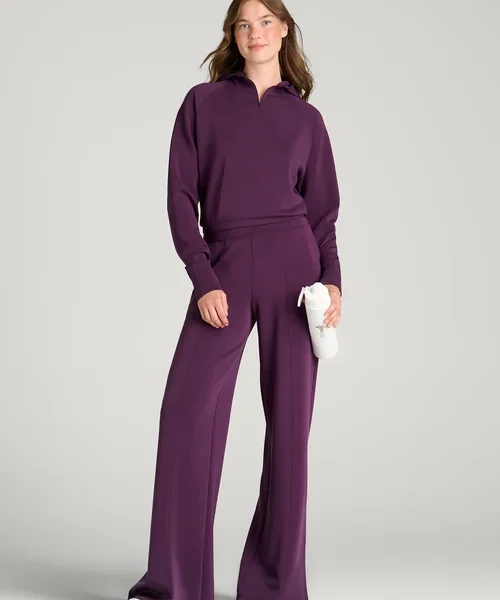 Deep Plum Zenvira Half Zip Collared Pullover Wide Leg Pants Set Havenluve