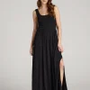 Havenluve Veylora Black Scoop Neck Sleeveless Gathered Waist Side Slit Maxi Dress