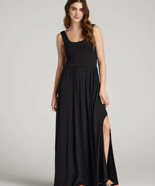 Havenluve Veylora Black Scoop Neck Sleeveless Gathered Waist Side Slit Maxi Dress