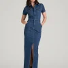 Indigo Blue Velquoria Short Sleeve Button Front Slit Maxi Denim Dress Havenluve