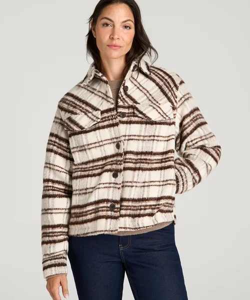 Ivory Brown Plaid Zelmique Collared Button Front Long Sleeve Shacket Havenluve