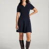 Midnight Navy Solviera Collared V Neck Short Sleeve Fit and Flare Dress Havenluve
