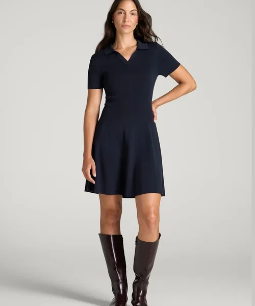 Midnight Navy Solviera Collared V Neck Short Sleeve Fit and Flare Dress Havenluve