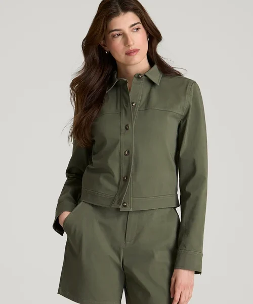 Olive Green Zelquira Collared Button Front Long Sleeve Cropped Jacket Havenluve